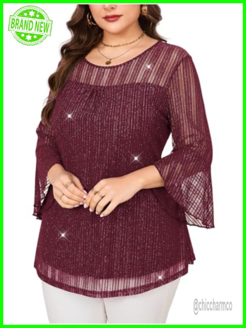 Plus Size Ruffle 3/4 Sleeve Sparkly Mesh Tunic Blouse
